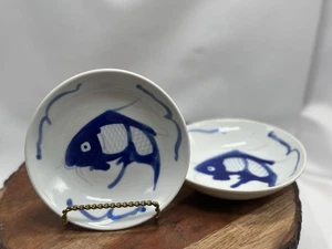 MCM Koi Fisch Chinesisch Vintage Karpfen Handbemalt 2 Schüsseln Teller Set - Bild 1 von 5