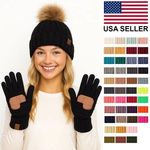 C.C 2 Stück Damen Winter weich warm Fleece gefüttert Strick Bommel Beanie Mütze & Handschuhe - Bild 1 von 56