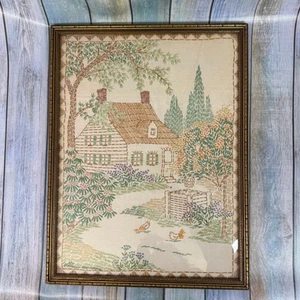 Embroidery Sampler Picture Cottage Garden Framed 1920s 1930s Hand Stitched Art - Picture 1 of 9