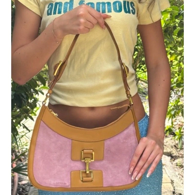 GUCCI Jackie Shoulderbag Half Moon Pink Suede Tan Leather - Image 1 of 4