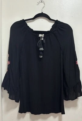 Blusa elástica vintage America azul bordada borlas florales cuello redondo talla S Foto 1 de 4