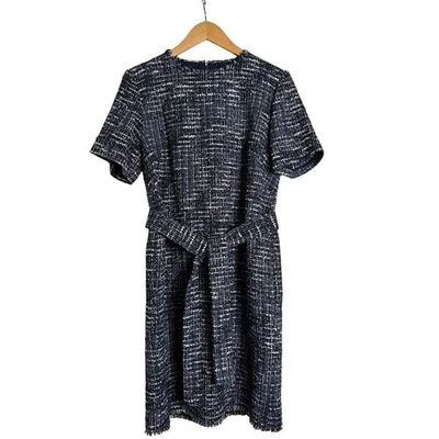 J. Peterman металлический твид платье синий черный потертый кромки подпоясанный короткий рукав Sz 12 - Изображение 1 из 4