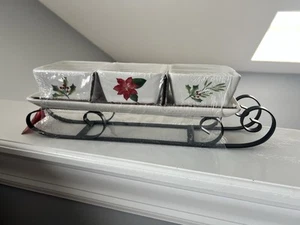 St Nicholas Square Ceramic Sled Server Set Of 3 Dip Bowls On Tray Metal Sled - Picture 1 of 12