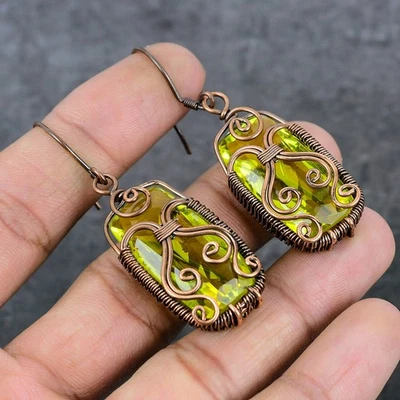 Peridot Gemstone Handmade Copper Wire Wrap Jewelry Earring 2.56" q530 - Image 1 of 4