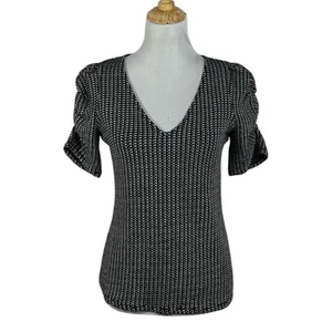 White House Black Market Shirt Womens Small Black White Jacquard Puff Sleeve - Picture 1 of 9