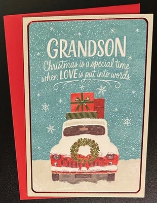 ** MERRY CHRISTMAS GRANDSON GREETING CARD ** SNOWFLAKES/SPARKLE/ WINTER/TRUCK - Image 1 of 2