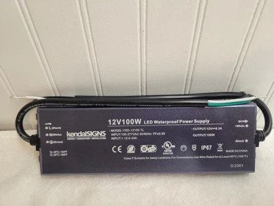 100W 12 Volt LED Power Supply, Waterproof IP67 LED Driver, 100V AC to 12V DC  - Image 1 of 2