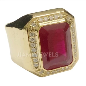 Men’s Bezel Simulated Ruby Moissanite Halo Ring Silver 14k Yellow Gold Statement - Picture 1 of 10