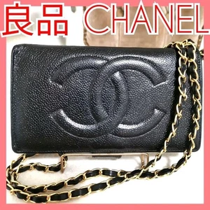 CHANEL CC Logo Kisslock Long Wallet Black Caviar Leather w Chain Strap Used - Picture 1 of 8
