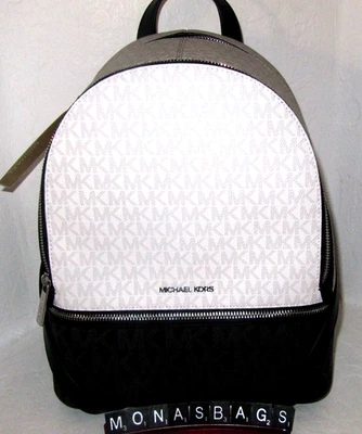 Michael Kors Rhea Medium Color-Block Signature Logo Backpack Optic White & Black - Image 1 of 4