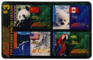 3 $. Gefährdete Arten Collage (mit Panda, Robbe, Wal, Ara) gebrauchte Telefonkarte - Bild 1 von 1