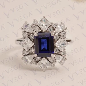 5.15Ct Emerald Cut Natural Sapphire & Diamond Wedding Ring 18K White Gold Plated - Picture 1 of 16