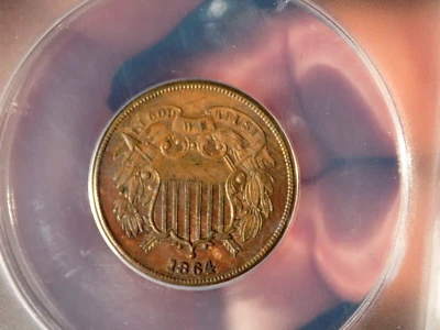 1864 2 CENT COIN ANACS AU 58+++ SUPER NICE COIN LOOKS UNC LG MOTTO REPUNCH DATE - Image 1 of 4