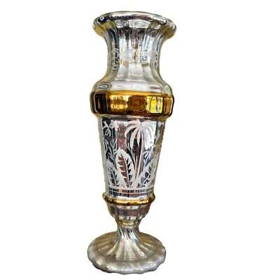 Jarrón antiguo victoriano de vidrio mercurio LG de 1800 plateado pintado a mano flores 12" Foto 1 de 4