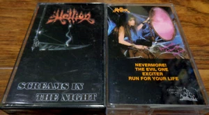 HELLION CASSETTE TAPES SCREAMS IN NIGHT + POSTKARTEN AUS ASYL GEPRÜFT 80ER METALL - Bild 1 von 5