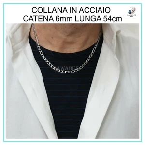 Collana da uomo catena acciaio catenina girocollo argento 6mm donna lunga 54cm - Foto 1 di 7