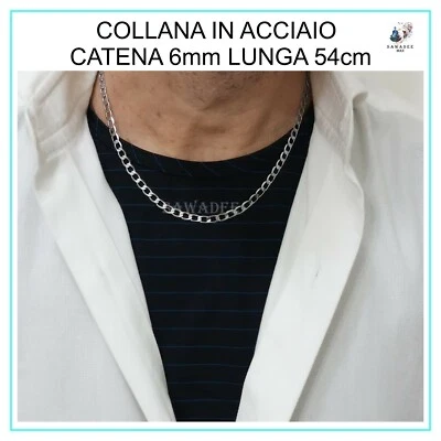 Collana da uomo catena acciaio catenina girocollo argento 6mm donna lunga 54cm - Immagine 1 di 4