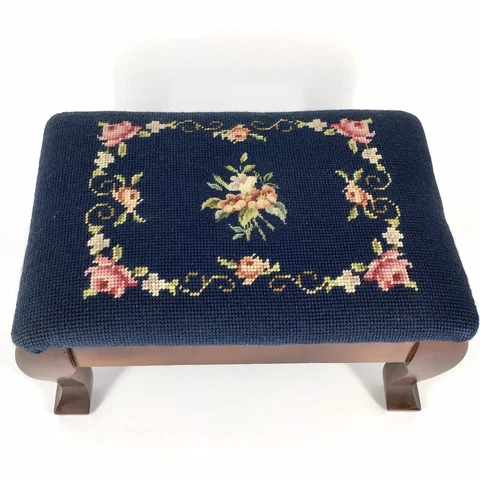 Needlepoint Footstool Wood Floral Roses Navy Blue Vintage Cover