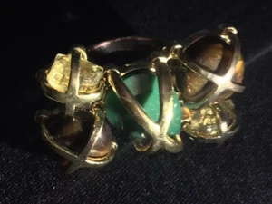 Vintage RING Tigers Eye Jade Citreon Gold Plated Dress Ring BOHO Style - Picture 1 of 11