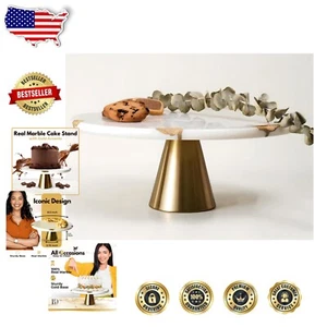 Versatile 9" Round Marble Cake Stand with Matte Gold Base - Ideal for Events - Picture 1 of 10