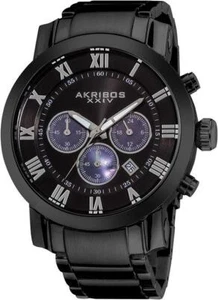 Akribos XXIV AK622BK Chronograph Date GMT Roman Numerals Black Mens Watch - Picture 1 of 2