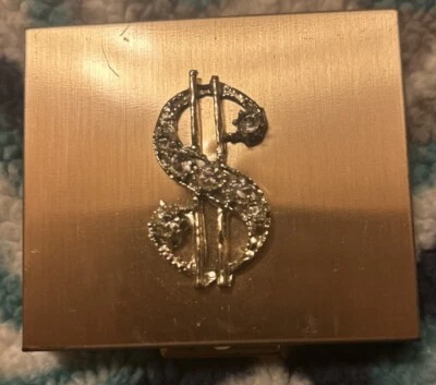 Винтажный золотистый со стразами доллар знак мелкие наличные компактный таблетки коробка - Изображение 1 из 4