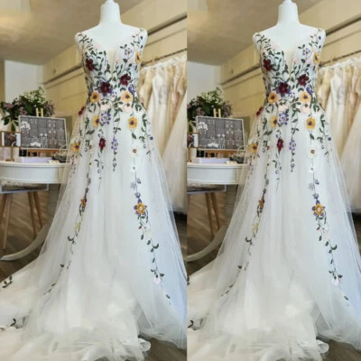 Boho Colorful Floral Appliques Wedding Dresses V-Neck Sleeveless Bridal Gowns - Image 1 of 4