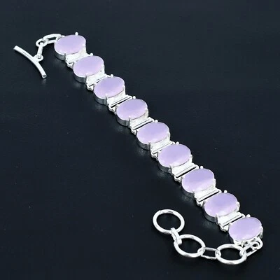 Bracciale In Pietra Di Calcedonio Rosa In Argento Sterling 925 Fatto A Mano - Immagine 1 di 4