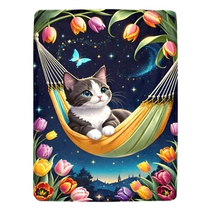 Cute Kitty night Stars and Tulips Ultra-Soft Micro Fleece Blanket - Picture 1 of 5