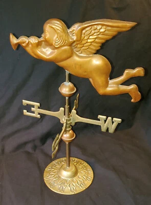 Vintage Brass and Copper Standing Weather Vane w/ Decorative Cupid & Trumpet - Image 1 of 4