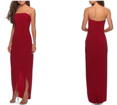 LA FEMME Red Strapless Ruched Faux Wrap Tulip Asymmetric Jersey Gown 16 = XL NWD - Image 1 of 4