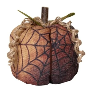 Primitive Halloween PUMPKIN Spider Web Fabric, Wood Stem 3x3" - Picture 1 of 1