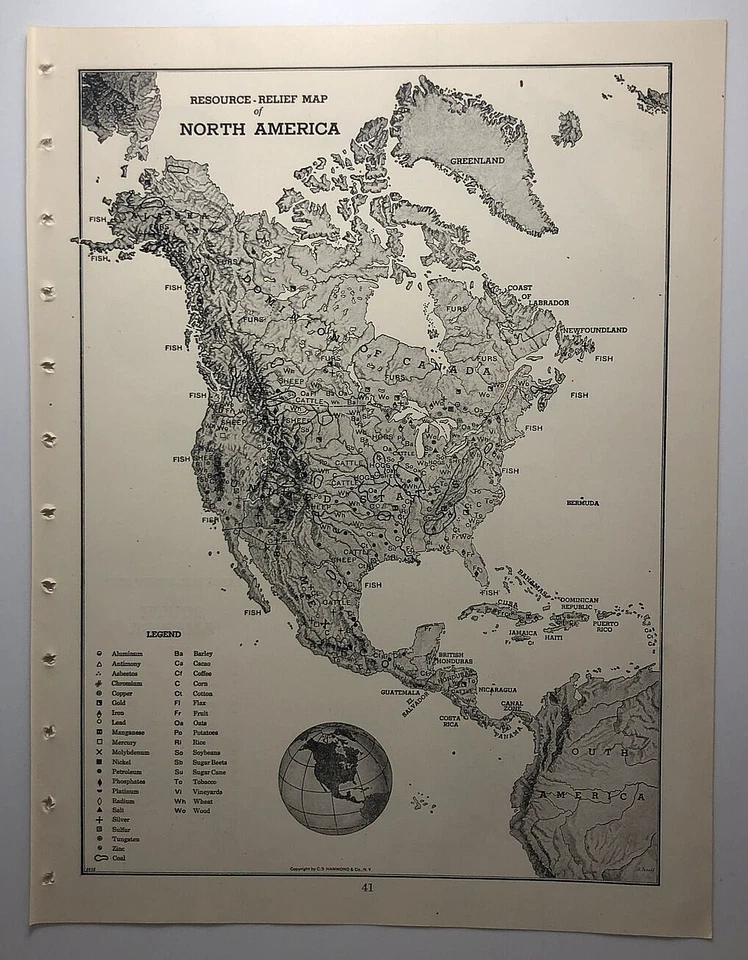 1947 Vintage AMÉRICA DO NORTE Antigo Mapa de Alívio - Atlas e Gazeta de Hammond - Imagem 1 de 4