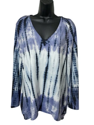 Green Tea Top Women L Blue Ombré Tie Dye Stretch Knit V-Neck Long Sleeve Tunic - Image 1 of 4
