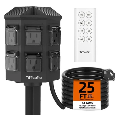 Outdoor Power Strip with 25FT Extension Cord, Remote Control Dusk to Dawn Lig... - Image 1 of 4