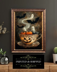 Halloween Ghost Teacup Pumpkin Bat Vintage Wall Art Print - Picture 1 of 5