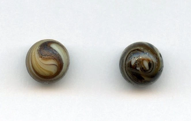 2 VERY SMALL GLASS BALL buttons--WAISTCOAT?--BROWN--COFFEE SWIRLS--7/16" - Image 1 of 4