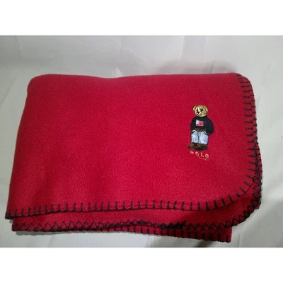 Vintage Ralph Lauren Polo Bear Fleece Blanket Red Embroidered Logo 53"x74" - Image 1 of 4