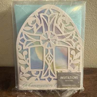 New blue/rainbow communion invitations 8 cards 8 envelopes - Image 1 of 4