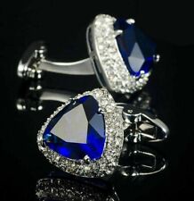 Lab Created Sapphire Men's Cufflinks 14K White Gold Plated 3.50 Ct Trillion Cut