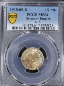  1918/05-D Silver 1/2 Mark. Germany.Nice toning. PCGS MS64 Overdate  - Picture 1 of 2