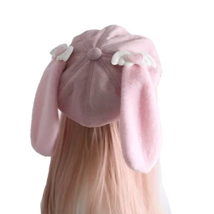 Kawaii Bunny Ear Beret Hat Cute Suede Plush Subculture Eight-Panel Cap for Girls - Picture 1 of 6