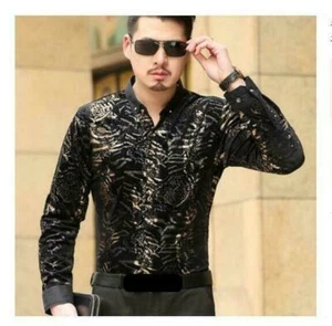 Negocios Hombres Vestido Floral Seda Terciopelo Prendas para el torso Informal Mangas Largas Camisa Talla - Imagen 1 de 14