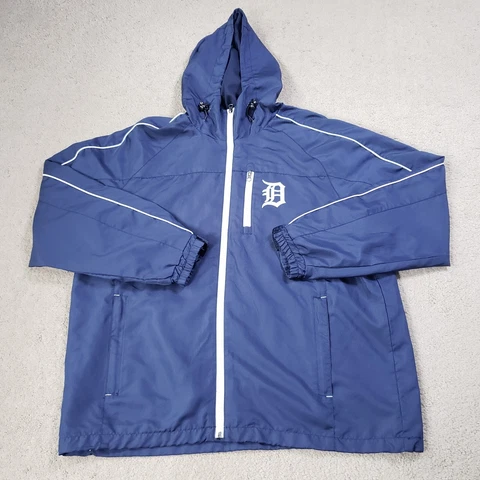MLB Detroit Tigers Jacket Men Large Blue Windbreaker Full Zip Hooded Pockets Cover