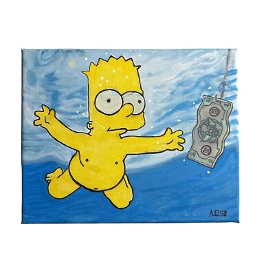 PINTURA ACRÍLICA ORIGINAL BART Simpson Nirvana Nevermind 8x10 sobre tela assinada - Imagem 1 de 4
