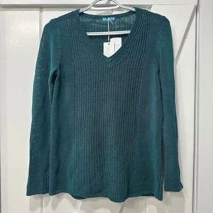 J Mclaughlin Donovan Sweater XS Green Knit Long Sleeve V Neck Havana Cotton NWT - Picture 1 of 7