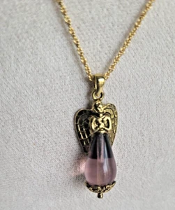 Neu ohne Etikett lila Träne Tropfen Engel goldfarben 16" Halskette NEW OLD STOCK - Bild 1 von 3