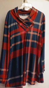 Kariertes langes Tunika Shirt rot, blau & orange Wasserfallausschnitt Knopfdetail XL - Bild 1 von 2