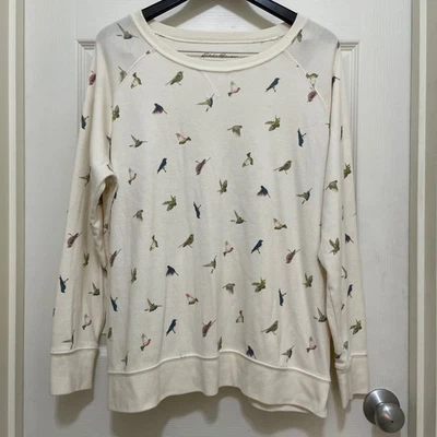 Eddie Bauer Legend Sudadera Lavada Cuello Redondo Pullover Marfil Pájaros Mezcla Algodón 2X Foto 1 de 4