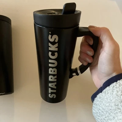 One 罕见星巴克不锈钢黑色哑光夹手柄不倒翁马克杯 16 盎司 — 第 1/4 张图片